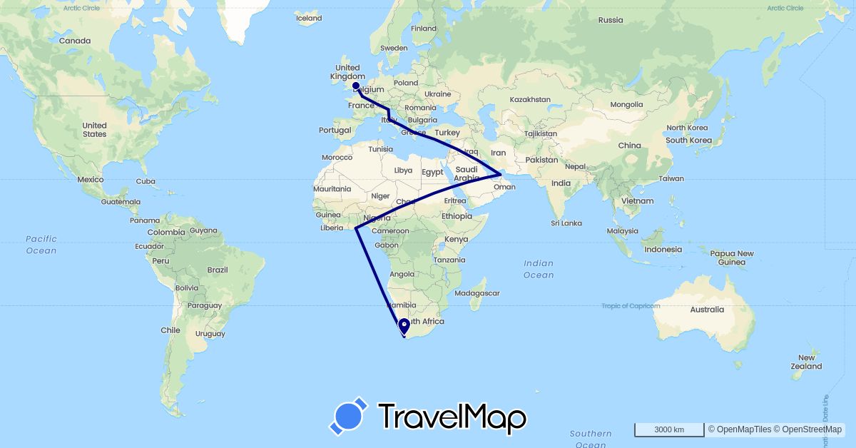 TravelMap itinerary: driving in United Arab Emirates, Switzerland, France, United Kingdom, Ghana, Greece, Italy, South Africa (Africa, Asia, Europe)